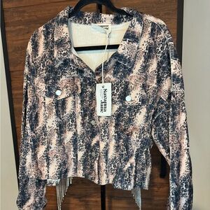Savanna Jane Black and Cream Animal Print Jean Jacket